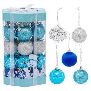 35 Pack Mini Blue Silver Christmas Tree Ball Ornaments, Xmas